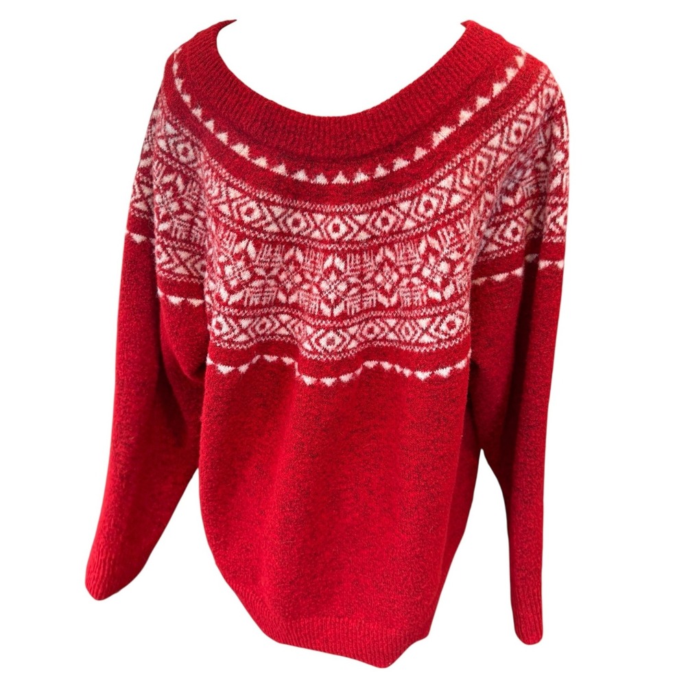 Croft & Barrow Womens 2X Red Fair Isle Nordic Knit Sweater Pullover soft